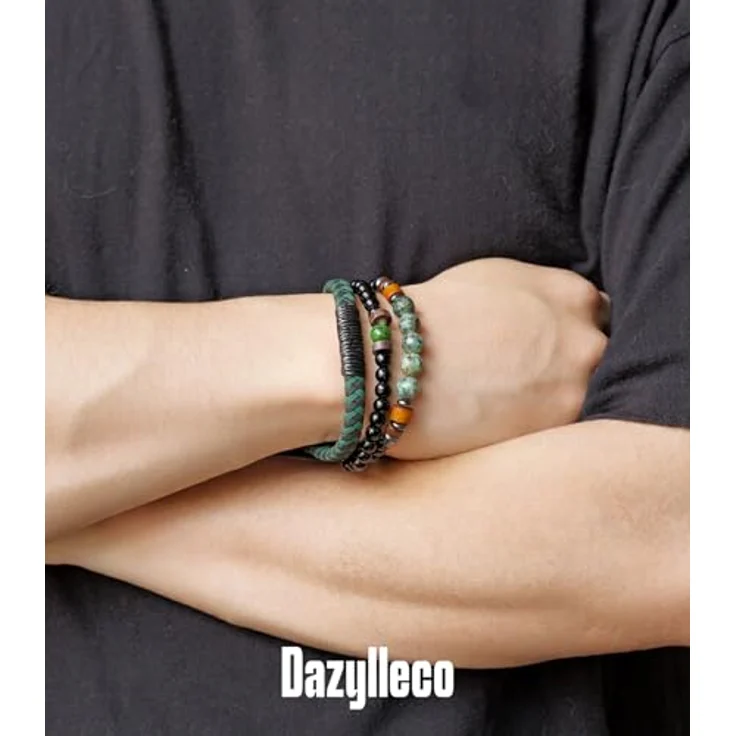 Dazylleco 3 Stück Herren Perlenarmband Set, Naturstein Armband aus Tigerauge und Achat, Edelstahl und Leder, verstellbar, Schwarz/Grün – Bild 4