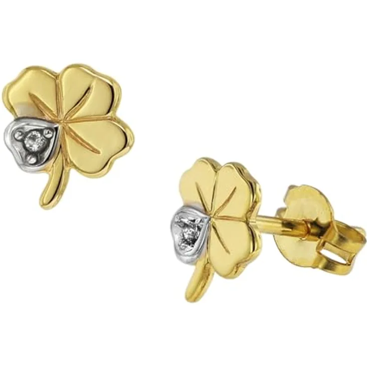 trendor Damen Ohrringe Kleeblatt 333 Gold 8 Karat Bicolor mit Zirkonia, 6 x 6 mm Ohrstecker aus Echtgold, zauberhafte Geschenkidee für modische Frauen, 75094