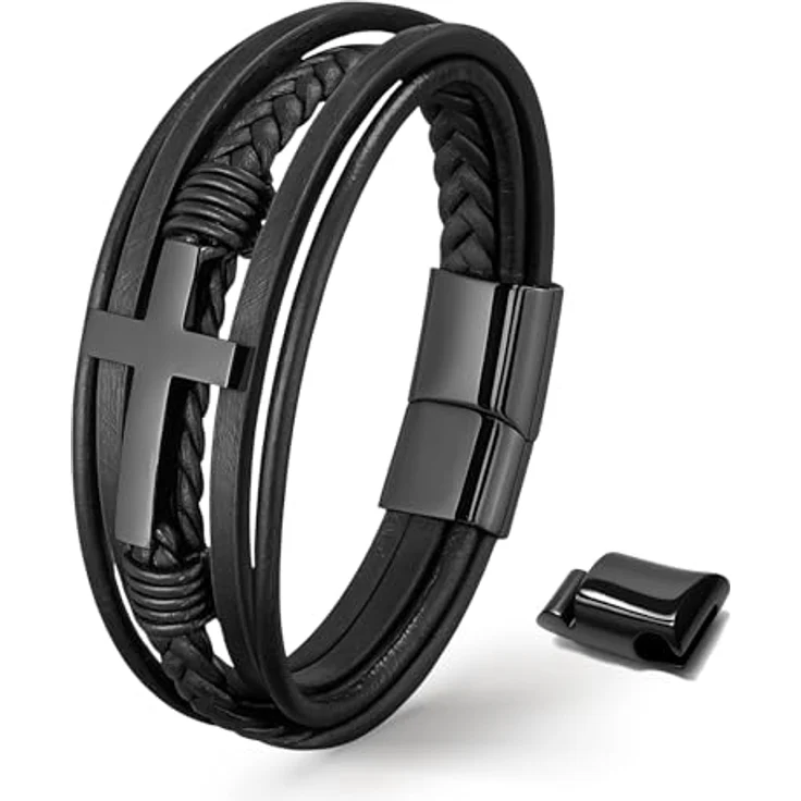 UNIQAL Kreuz Lederarmband Herren „HEAVEN“, Echtleder Armband mit Kreuz, schwarzes Cross Bracelet, verstellbarer Magnetverschluss, Geschenkbox inklusive, 23 cm mit Verlängerung – Bild 1