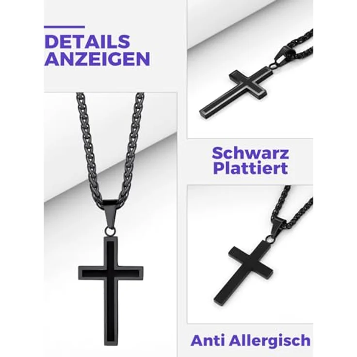 Richsteel Kreuz Kette Herren, Silber/Gold/Schwarz Edelstahl Halskette 55+5cm verstellbar, personalisierbarer Kettenanhänger, christliches Schmuckstück – Bild 3