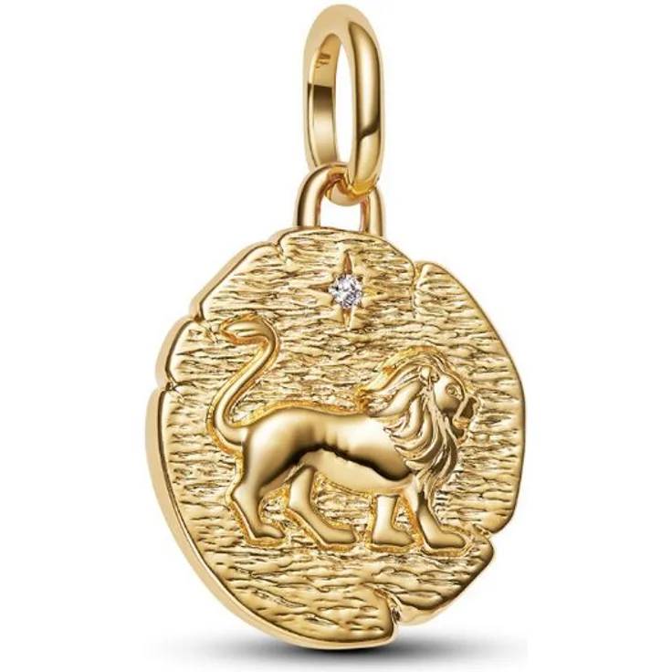 Pandora Charm-Einhänger 763974C01, Löwe aus 14k-vergoldeter Metallmischung mit Zirkonia-Akzent, kraftvolles und elegantes Design