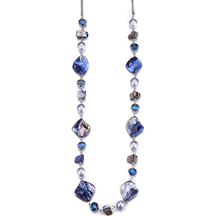 Bulinlin Damen Lange Perlenkette, Boho Silber Metallkette mit Harz- und Glaskristallperlen, 35-Zoll + 3-Zoll Verlängerung, Blau – Bild 1