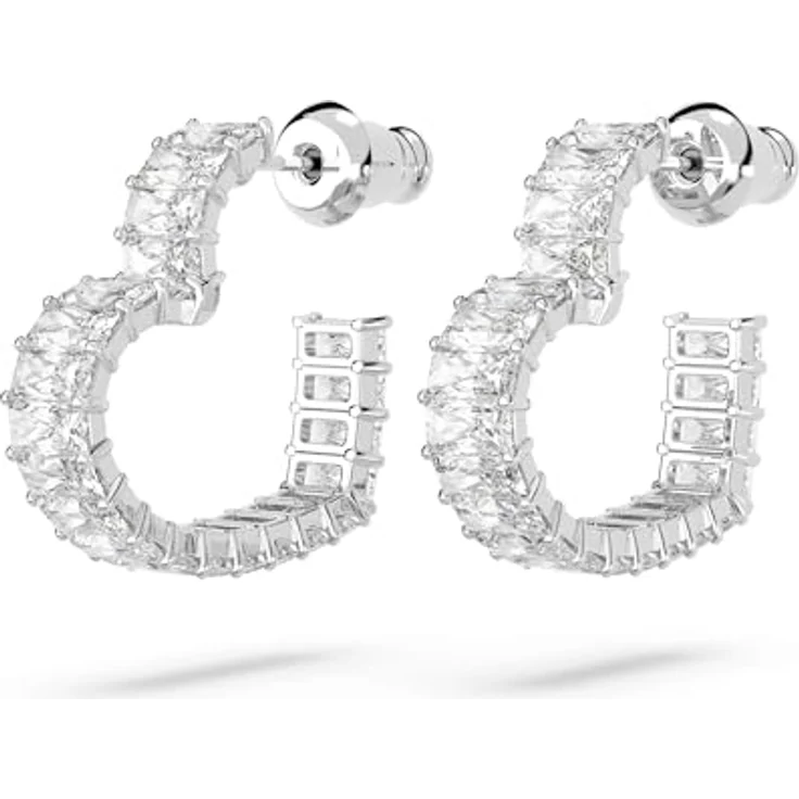 Swarovski Matrix Kreolen, Rhodinierte Ohrringe mit Herz-Motiv und Baguette-schliff, Strahlende Swarovski Kristalle – Bild 3