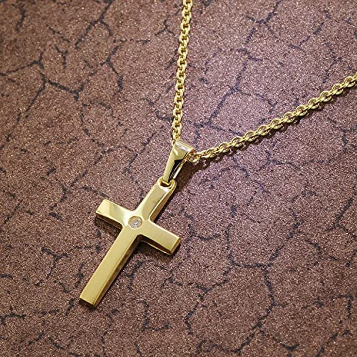 trendor Kreuz-Anhänger Gold 333/8 Karat mit vergoldeter Halskette, matt gebürstet und synthetischem Zirkonia, 19 x 13 mm – Bild 3