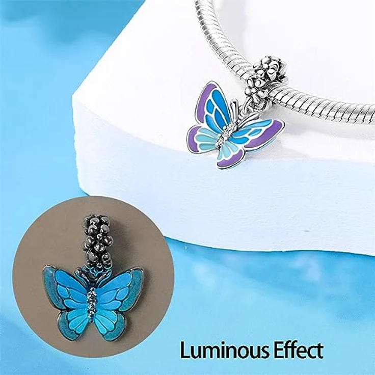 LNQOBU 925 Silber Glow in the Dark Glühwürmchen Charms Anhänger, farbwechselndes Chamäleon Bead Charm für Damenarmbänder und Halsketten, violett-blau am Tag, blau in der Nacht – Bild 3