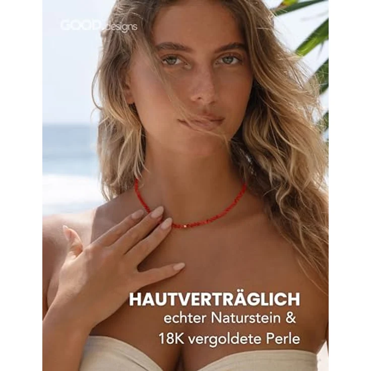 GD GOOD.designs Perlenkette Damen aus echten facettierten Natursteinen 4mm, verstellbare Karneol Kette mit 18K Vergoldung (40–45 cm), wasserfeste Boho Halskette in rot – Bild 2