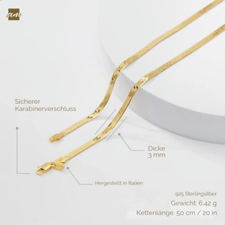 Amberta Damen Flache Schlangen Halskette 925 Sterling Silber, 18K Vergoldet, 3 mm, 50 cm, Fischgrätmuster – Bild 5