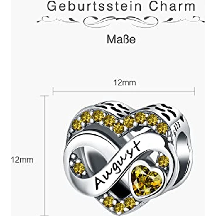 BIZK Damen Unendlichkeit Geburtsstein Charm Anhänger August, 925 Sterling Silber mit gelben Zirkon Steinen, kompatibel mit europäischen Armbändern – Bild 5