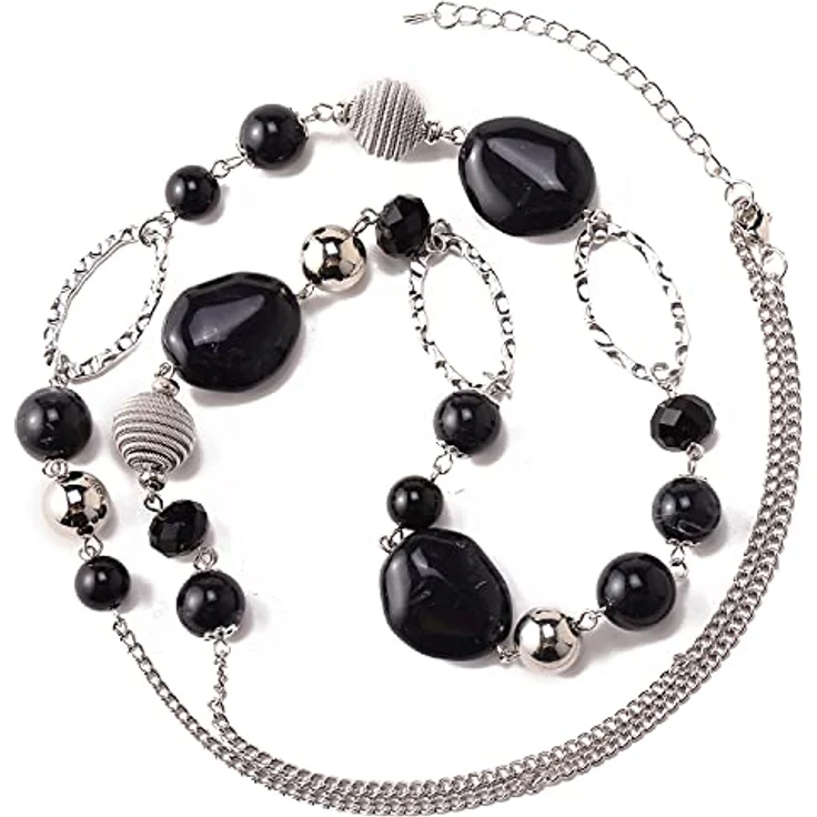 Bulinlin Silber Perlen Lange Kette für Damen, Boho Statement Chain Halskette, 35+3 Zoll, schwarz, Modeschmuck für Geburtstagsgeschenke – Bild 2