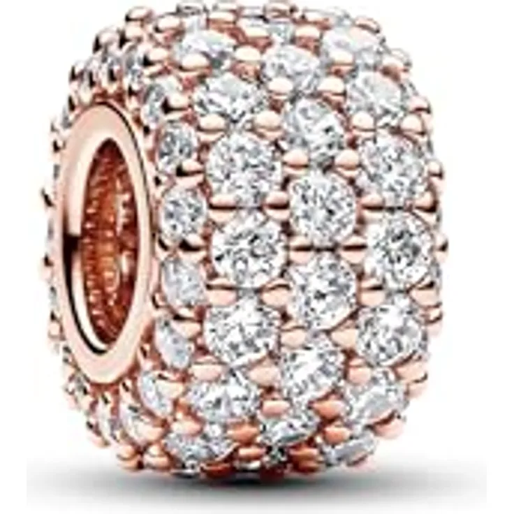 PANDORA Moments Funkelndes Dreireihiges Pavé-Charm, Sterling Silber mit rosévergoldeter Metalllegierung, 85 Zirkonia, kompatibel mit Moments Armbändern, 782820C01