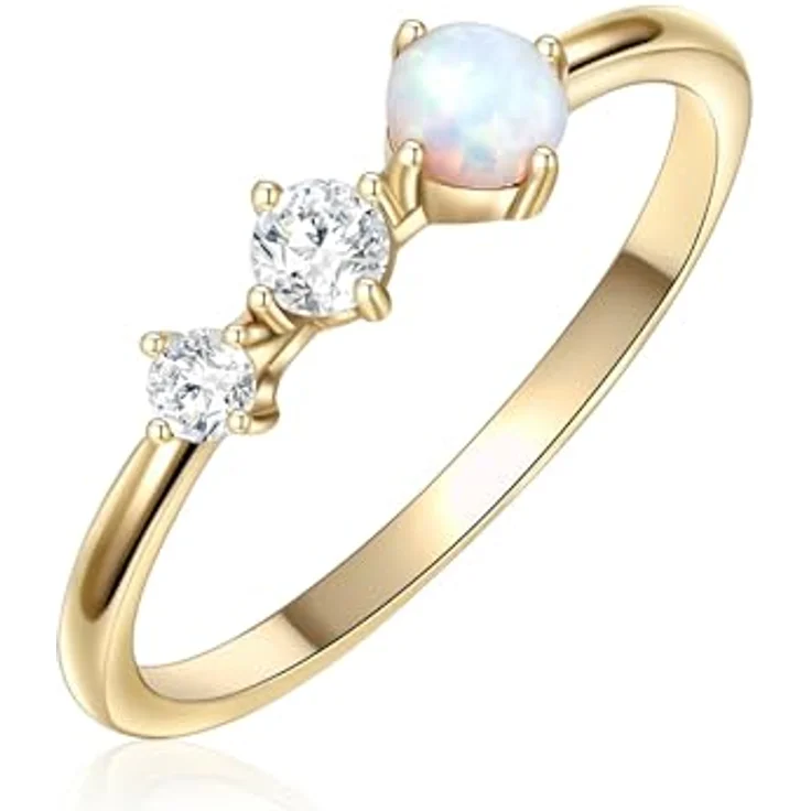 GLANZSTÜCKE MÜNCHEN Damen Ring Gelbgold, 925/- Sterling Silber gelbvergoldet mit Zirkonia und weißen synthetischen Opal - Solitärring – Bild 2
