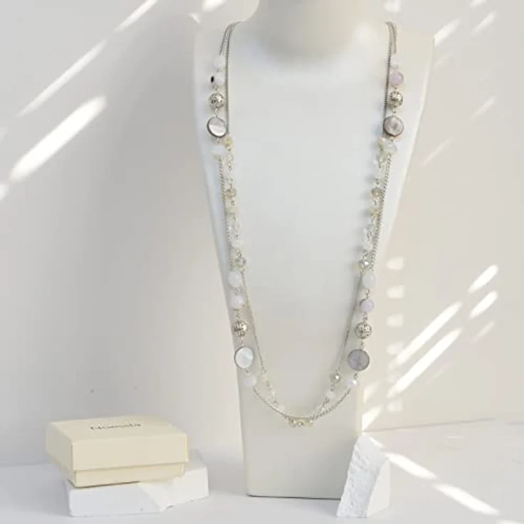 FULU AUTUMN Damen Statement Kette, Lange Perlenkette aus Silber, Zwei Strang Designs mit Kristallperlen und Achatmuscheln, 35 cm + 2,7 cm Verlängerung, Weiß – Bild 5