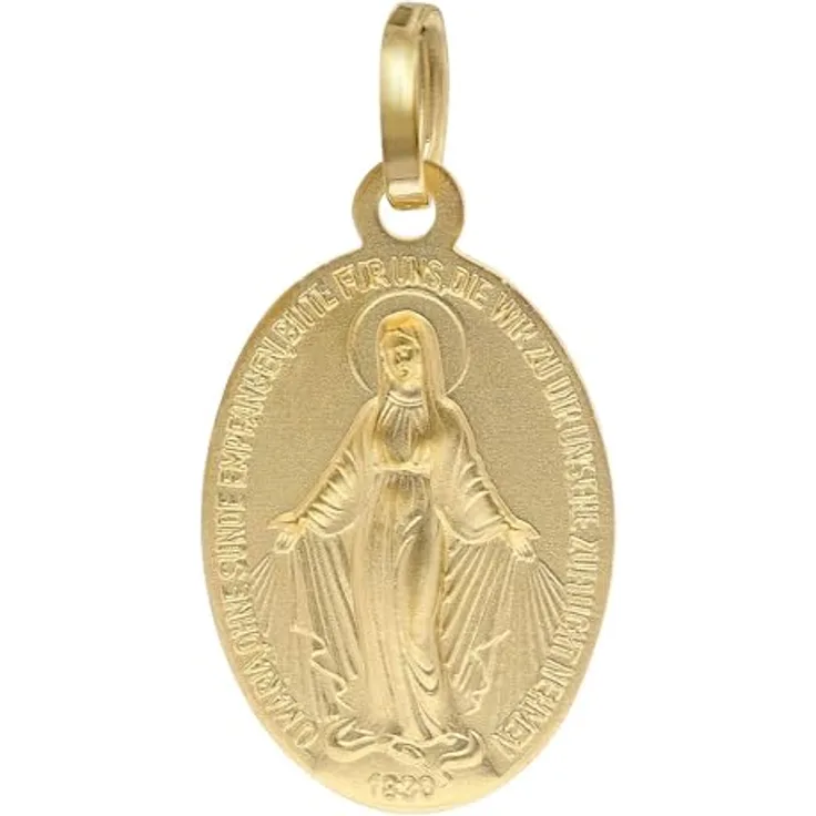 trendor Milagrosa Anhänger Gold 585 (14 Kt) Madonna Medaille, ovaler Halsschmuck mit Reliefprägung und deutschem Gebet, 16 x 12 mm, hochwertige Geschenkidee für Damen und Herren