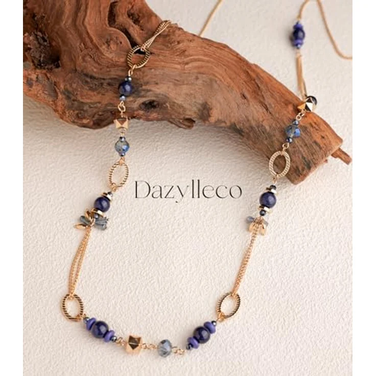 Dazylleco Lange Gold Perlenkette Damen Boho Halskette mit Natursteinen, 90cm, Dunkelblau – Bild 4