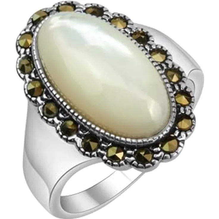 Zeeme Gemstones Damen Ring 925/- Sterling Silber geschwärzt mit Markasit und weißem Perlmutt, elegantes Accessoire im Etui