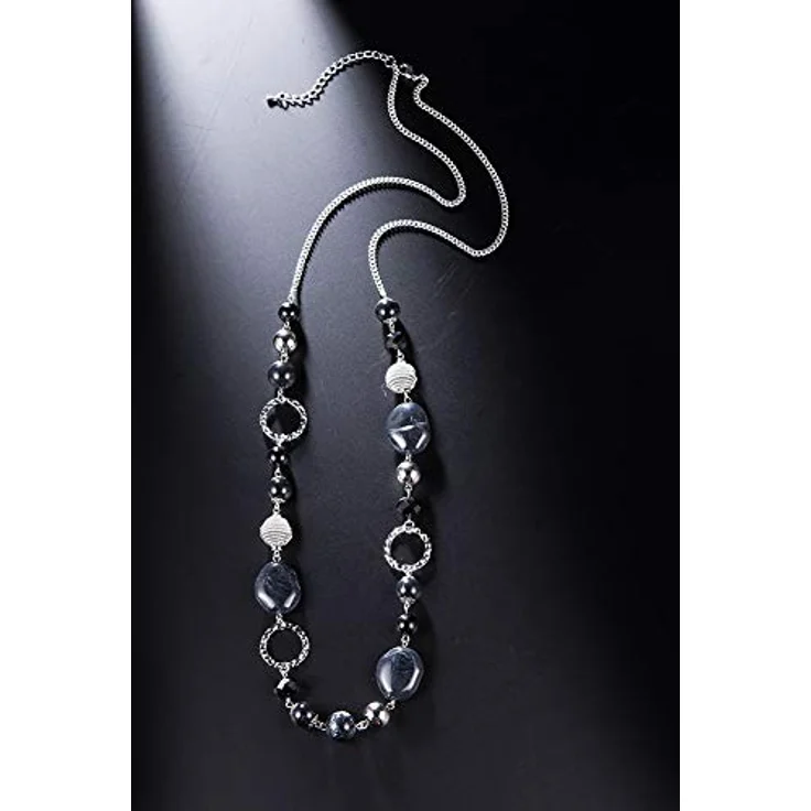 Bulinlin Damen Lange Perlenkette Statement Boho Silberkette mit Harz- und Glaskristallperlen, 35 Zoll + 3 Zoll Verlängerung, Schwarz – Bild 5