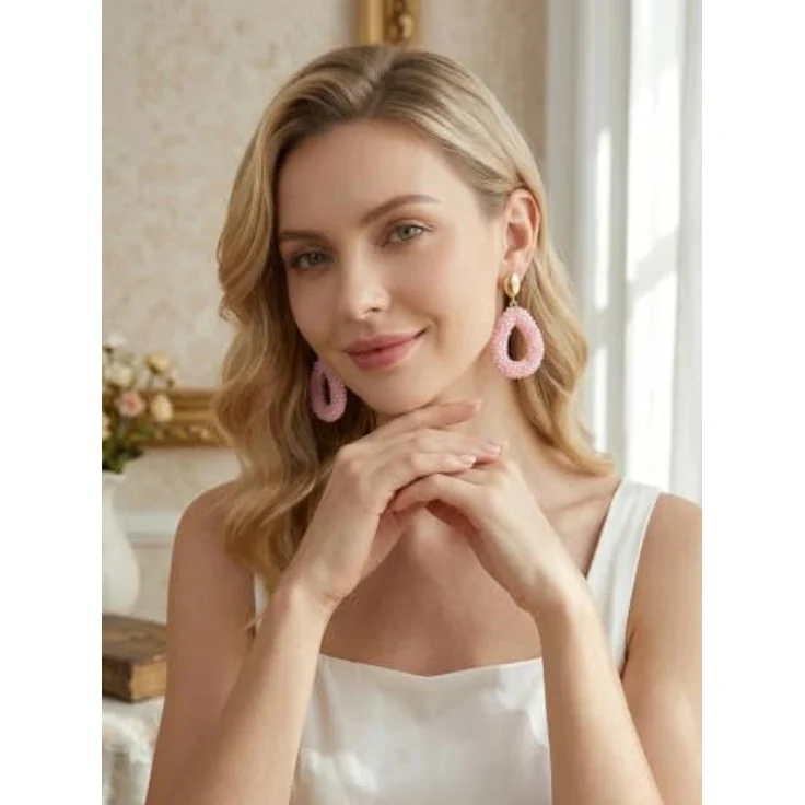BREPINE Pink Boho Ohrringe, hängend aus Reisperlen, tropfenförmig, leicht, eleganter Schmuck für Damen, 2,09 Zoll Länge – Bild 2