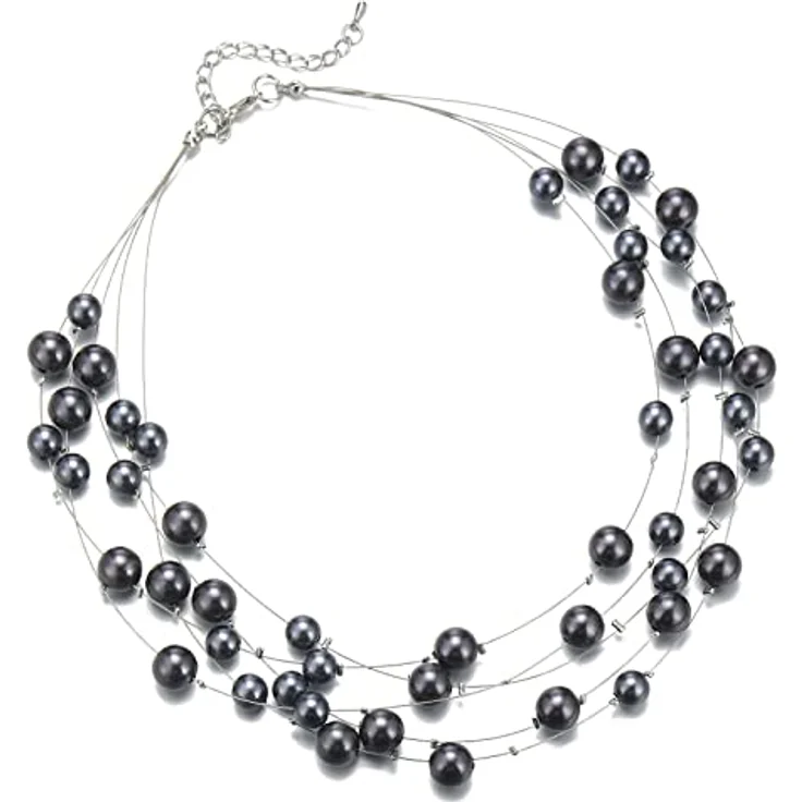 FULU AUTUMN Boho Perlenkette Damen Mehrreihig, Silber Statement Kette, 17" mit 2.7in Zugkettenverlängerung, Dark Grey – Bild 1