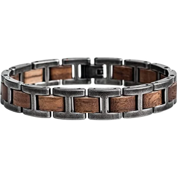 HOLZKERN Herren-Armband Acoustic Walnuss, Edelstahl 316L mit Antik-Silber-Finish, 12 mm breit, 19,5 cm lang, individuell kürzbar – Bild 1