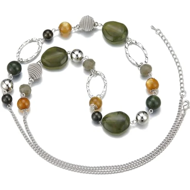 Bulinlin Silber Perplen Lange Kette für Damen, Boho Statement Chain Halskette, 35+3 Zoll, Army Green, Modeschmuck für Geburtstagsgeschenke – Bild 2