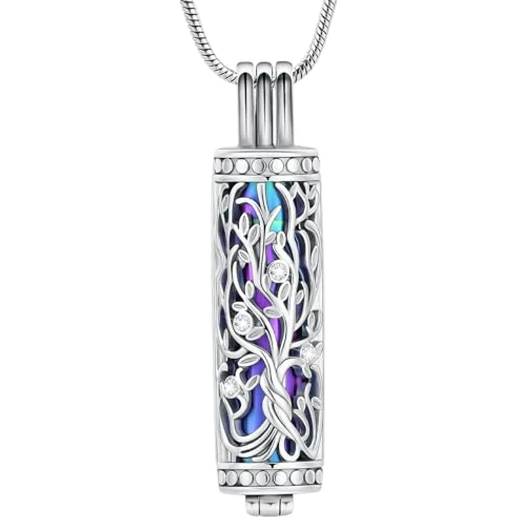 VCCWYQK Zylinder Kremation Schmuck, Edelstahl Halskette mit Baum des Lebens und Ascheaufbewahrung, für Frauen und Männer