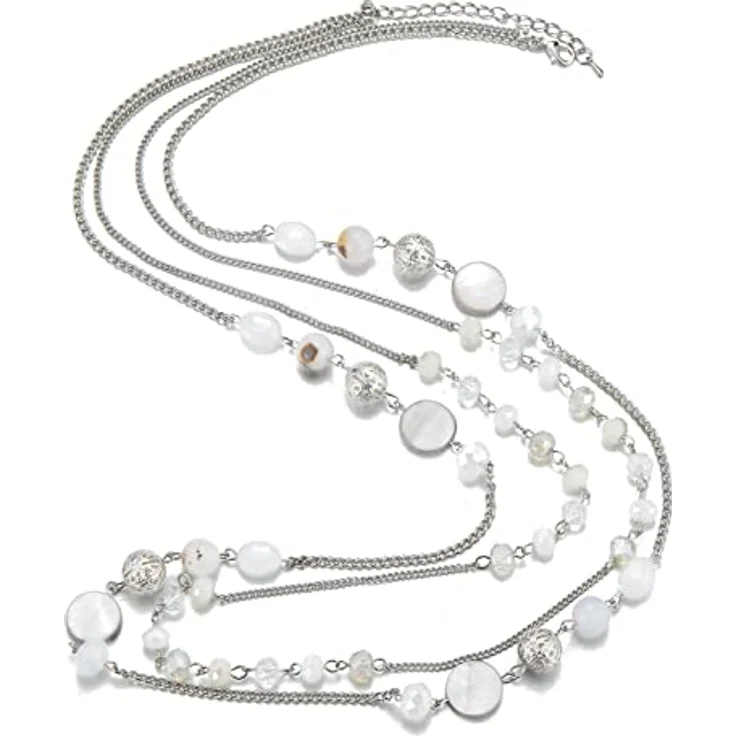 FULU AUTUMN Damen Statement Kette, Lange Perlenkette aus Silber, Zwei Strang Designs mit Kristallperlen und Achatmuscheln, 35 cm + 2,7 cm Verlängerung, Weiß – Bild 2