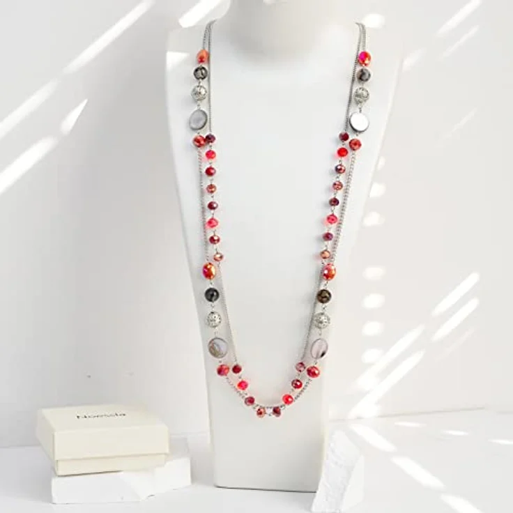 FULU AUTUMN Damen Statement Kette, Lange Perlenkette mit Kristall und Achatmuscheln, Silber, 35 cm + 2,7 cm Verlängerung, ideales Geschenk für Frauen (Rot) – Bild 5