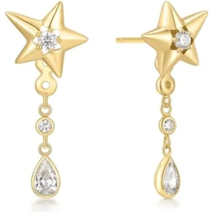 ANIA HAIE MELODIC POET Sparkling Star Damen Ohrhänger, 925 Sterling Silber 14k vergoldet, tropfenförmig mit 6 Zirkonia, 26mm, inkl. Geschenkverpackung
