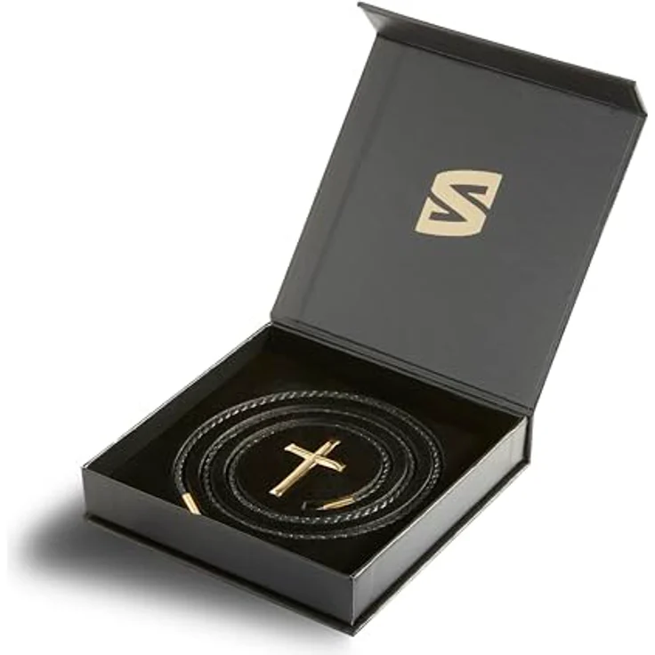 SERASAR Lederkette Herren, Halskette mit Kreuz Anhänger, 60cm goldfarbene Echtleder Kette in Schmuckschatulle für Männer – Bild 2