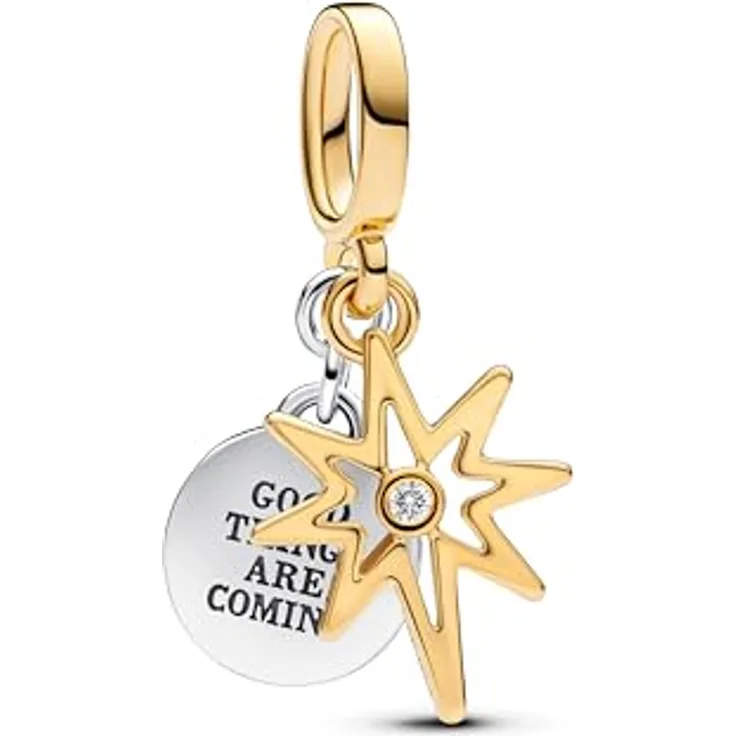 PANDORA Moments Gravierbarer Polarstern Charm-Anhänger, mit Labor gezüchtetem Diamanten aus Sterling Silber und vergoldeter Metalllegierung, kompatibel mit Moments und ME Armbändern, 763588C01
