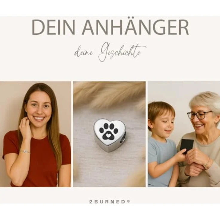 2Burned Personalisiert Schmuck Foto Charm Herzen, Edelstahl 316, kompatibel mit Pandora Armband und Kette, Hunde-, Katzenpfote mit Herz, 1,2 x 1,2 cm – Bild 3