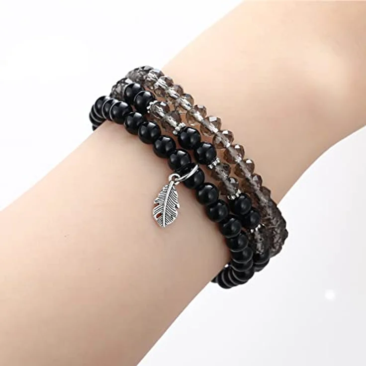 FULU AUTUMN Perlenarmband Set, Mehrschichtiges Stretch Damenarmband aus Naturstein und Kristall in Clear Black, Boho Modeschmuck für Mama, Oma und Frau - ideales Geburtstagsgeschenk – Bild 3