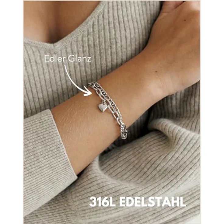 GD GOOD.designs Armband Herz für Damen, Mehrreihiges Charms Armband in Silber, Längenverstellbar (14,5cm - 19,5cm), Figaro Kette, Hautverträglich – Bild 4