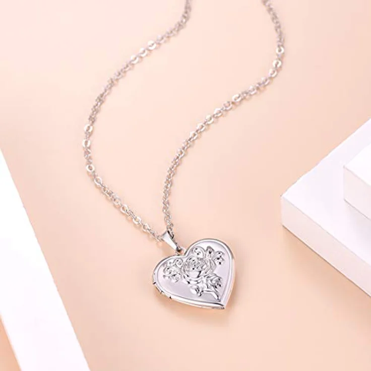 U7 Herz Medaillon zum Öffnen, Rosa Blumen Anhänger für Damen und Mädchen, Weißgold Heart Locket Necklace, 50-55 cm einstellbare Kettenlänge, Vintage Foto Amulett – Bild 4