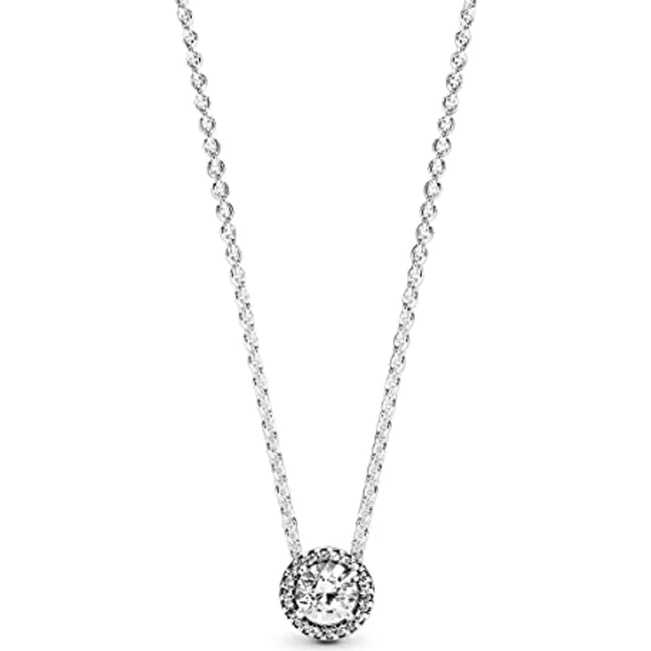 PANDORA Damen Halskette mit Rundem Funkelndem Strahlenkranz aus Sterling Silber und Zirkonia, anpassbare 45cm Länge