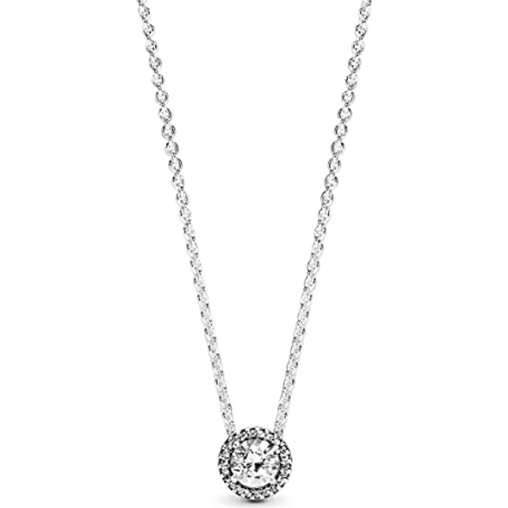 PANDORA Damen Halskette mit Rundem Funkelndem Strahlenkranz aus Sterling Silber und Zirkonia, anpassbare 45cm Länge