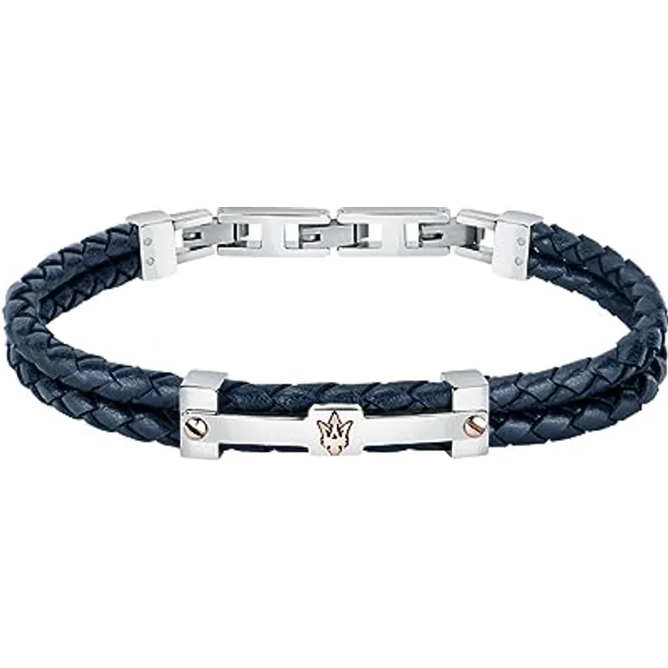 Maserati Recycled Leather Herren Armband, Edelstahl mit recyceltem Leder, IP RG, 22 cm, Clip-Verschluss
