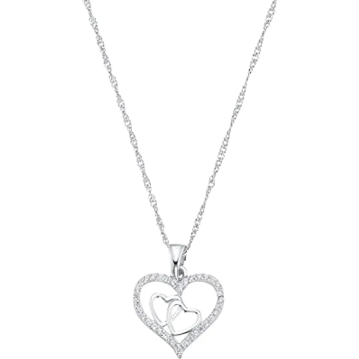 Amor Kette mit Herzanhänger für Damen, 42 cm Singapurkette aus rhodiniertem Sterling Silber 925 mit Zirkonia Herz