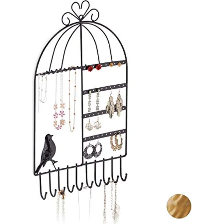 Relaxdays Schmuckhalter Vogelkäfig, Schmuckaufbewahrung für Ketten, Ohrringe & Armbänder, schwarz, HBT 44,5x25,5x4,5 cm