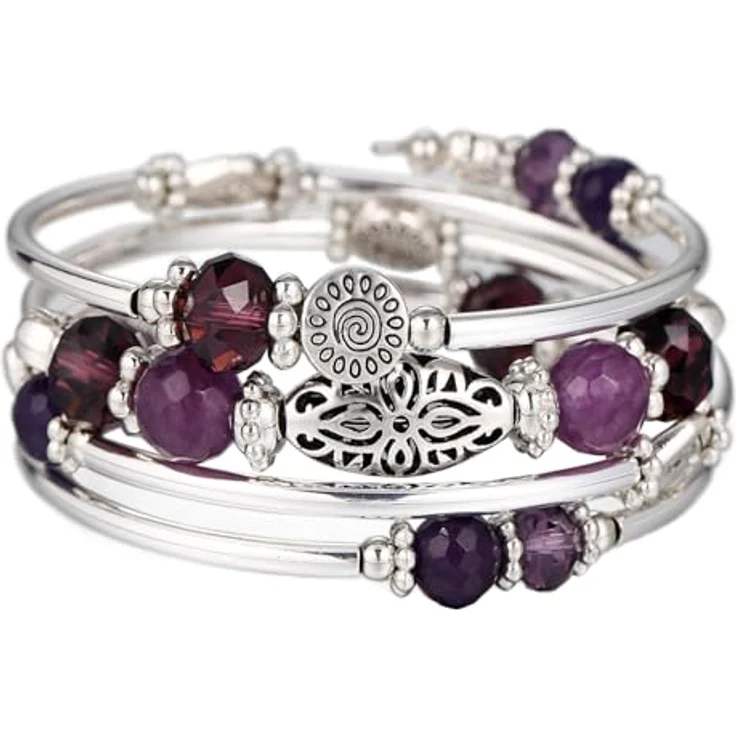FULU AUTUMN Damen Boho Armband, mehrschichtiges Silber Wickelarmband mit facettierten Glasperlen, Geschenkbox, lila – Bild 1