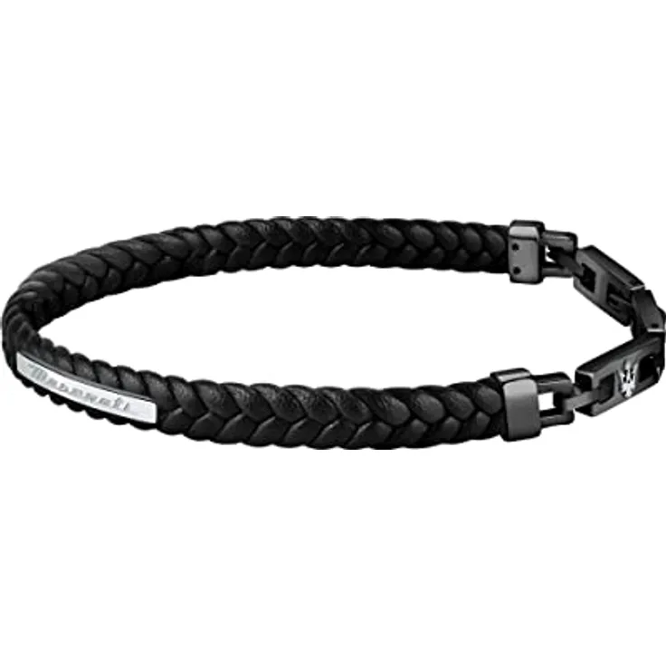 Maserati Jewels Herren Armband aus Stahl, recyceltes Leder, IP Schwarz, 225 cm mit Clip-Verschluss, Originalverpackung