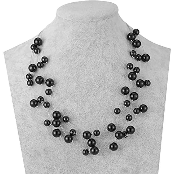 FULU AUTUMN Boho Perlenkette Damen Silber Statement Kette, mehrreihig, 17 Zoll (Black) – Bild 2