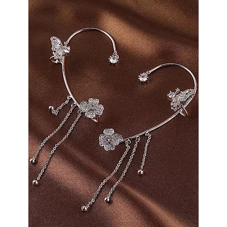 BSLVWG 2 Stück Schmetterling Ohr Manschetten, Silber mit Blumen Quaste und Zirkonen, kein Piercing für Frauen und Mädchen – Bild 4