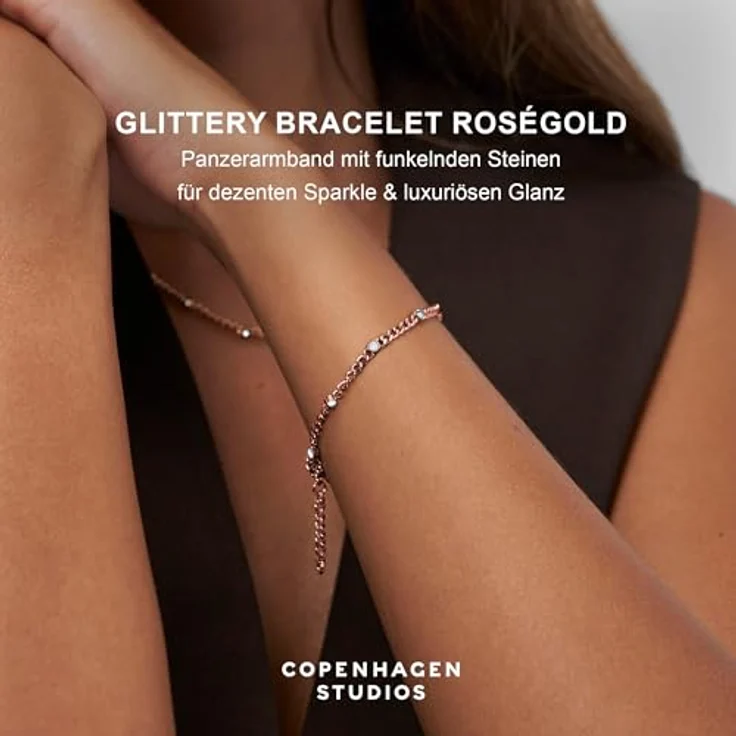 Copenhagen STUDIOS Glittery Armband, roségold, Damenarmband aus poliertem Edelstahl mit Strasssteinen, verstellbare Länge (17-21 cm), wasserfest – Bild 2