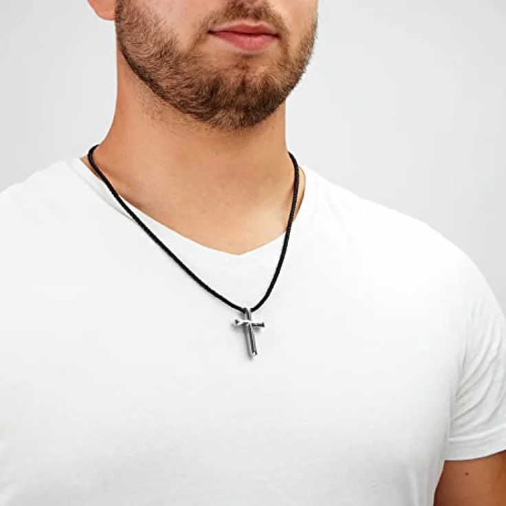 SERASAR Herren Lederkette mit Kreuz Anhänger, 60cm Silber Lederband aus echtem Rindsleder, Schmuckschachtel als Geschenk – Bild 3
