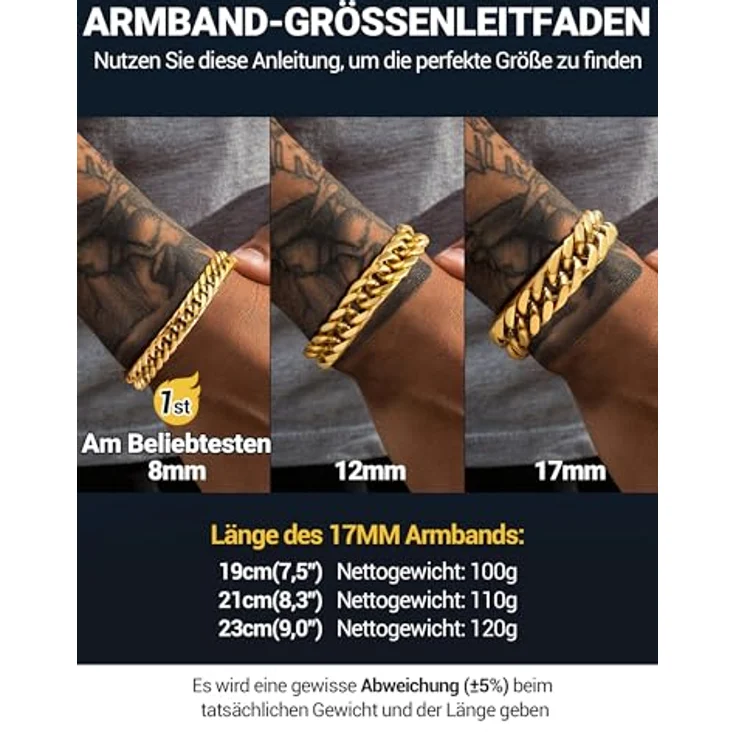 PROSTEEL Herren Armband 18k vergoldet Panzerkette, 21cm lang, 17mm breit, aus 316L Edelstahl, gold – Bild 4
