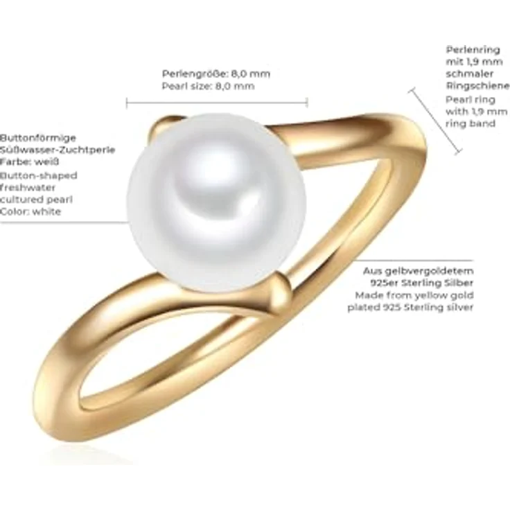 Valero Pearls Damen-Ring Welle, Sterling Silber 925 gelbvergoldet, Süßwasser-Zuchtperle 8 mm, weiß, moderner Perlenring für Frauen – Bild 2