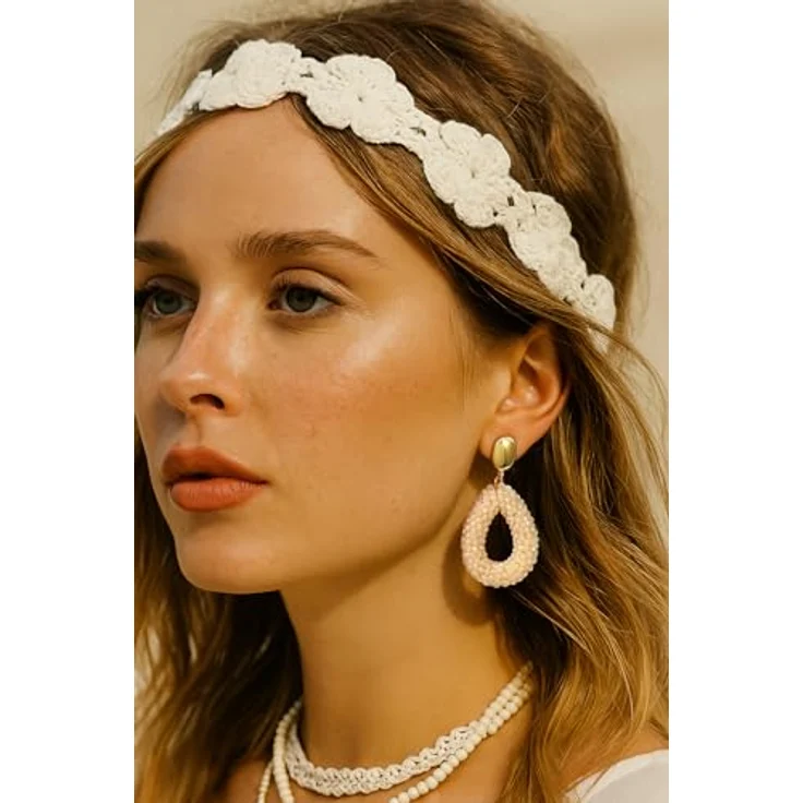 ROISE LADY Beige Boho Ohrringe, hängend mit tropfenförmigen Reisperlen, leichte und elegante Damen-Ohrringe im Bohème-Stil – Bild 2