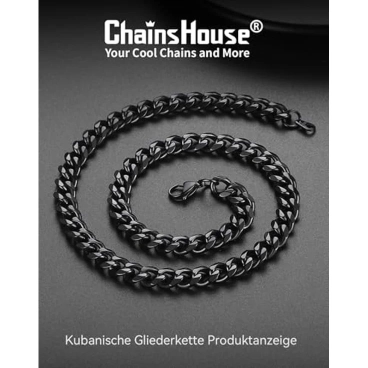 ChainsHouse Kubanische Herren Panzerkette, 51cm schwarze Edelstahl Gliederkette, 9mm Breite, antiallergen, ohne Anhänger – Bild 4