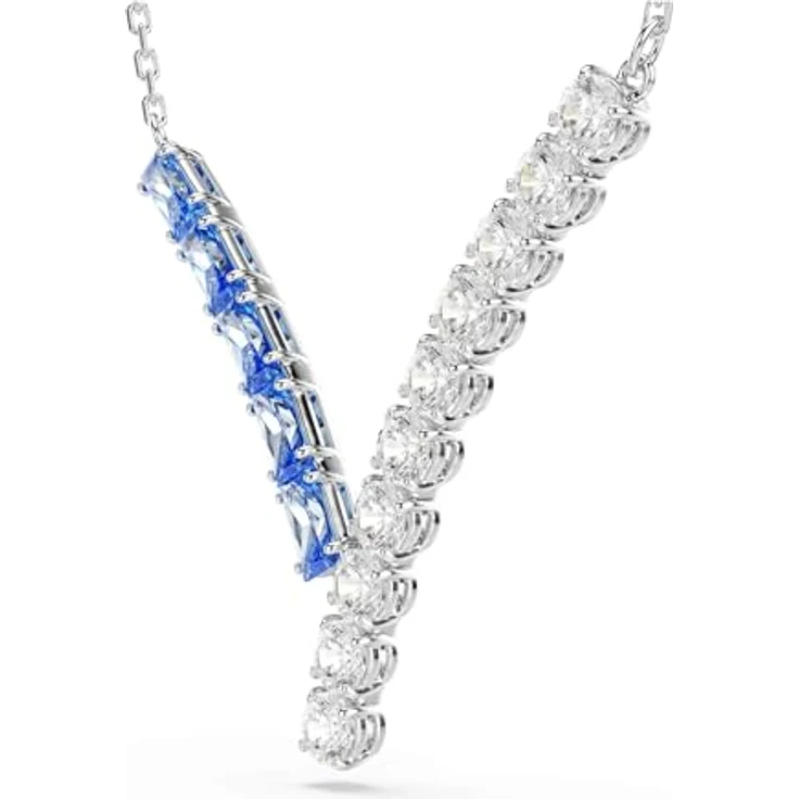 Swarovski Matrix Anhänger, Rhodinierte Damenhalskette mit V-förmigem Motiv, blauen und klaren Zirkonia in Rund- und Baguette-Schliffen, 38-45 cm – Bild 3